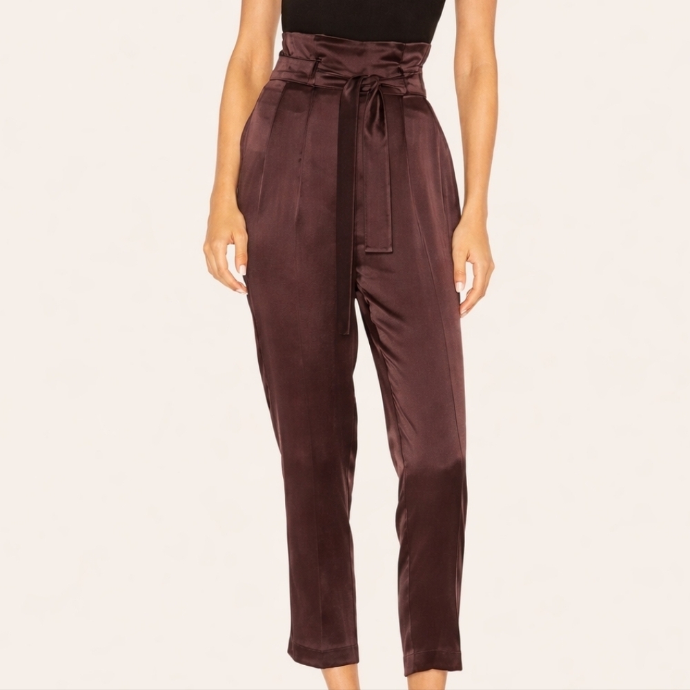 Amanda Uprichard 100% Silk Paperbag Waist Tapered Leg Pants Trouser Burgundy Red